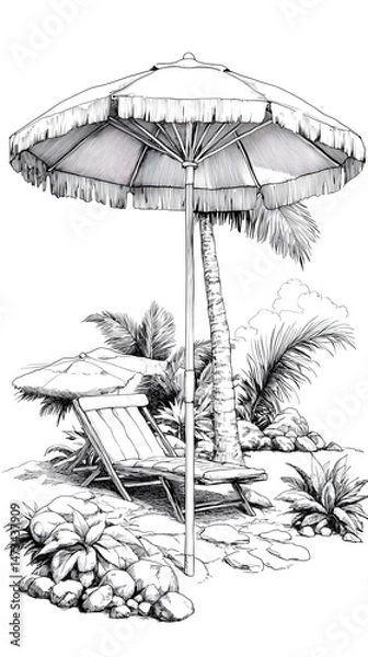 Fototapeta A black and white drawing of a beach scene with a lounge chair under a palm tree and umbrella