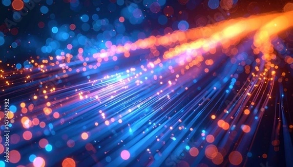 Fototapeta Abstract Fiber Optics Network Data Stream Blue Orange Glowing Lights Technology Background