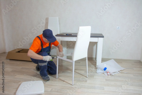 Fototapeta A middle-aged man in a special jumpsuit is assembling furniture out of a box