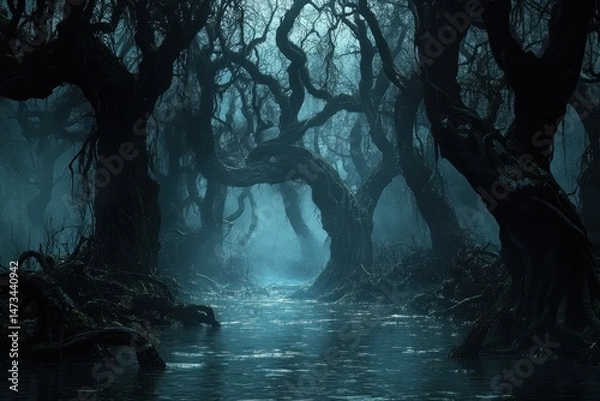 Fototapeta Dark and cursed swamp with twisted trees creates an eerie atmosphere at twilight, dark and cursed swamp with twisted trees, Seamless ing Photo background