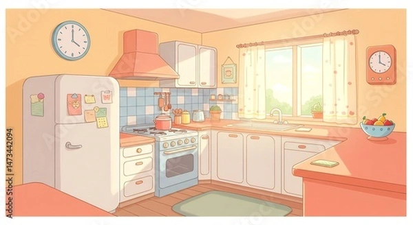 Obraz Kitchen with clock, fridge, stove and fruits