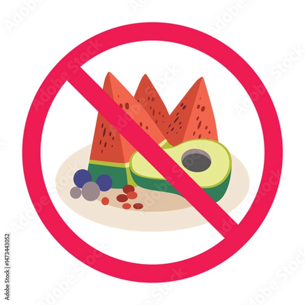 Obraz Forbidden sign with fruits icon, no fruits allowed sign, do not eat fruits symbol