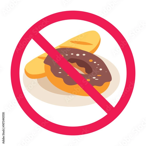 Obraz Forbidden sign with bread and donut icon, no bread allowed sign, bread prohibition symbol, do not eat processed flour food symbol