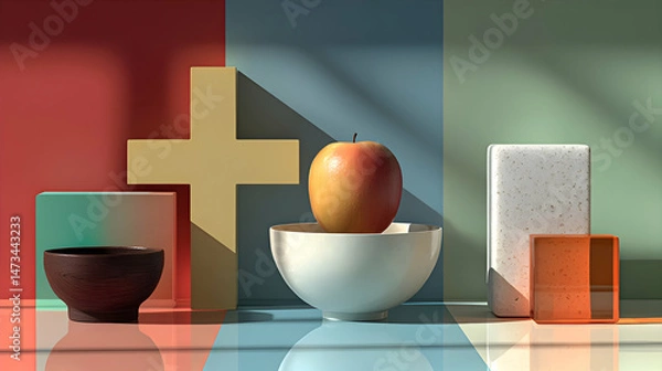 Obraz Still Life with Apple, Geometric Forms, and Sunlight