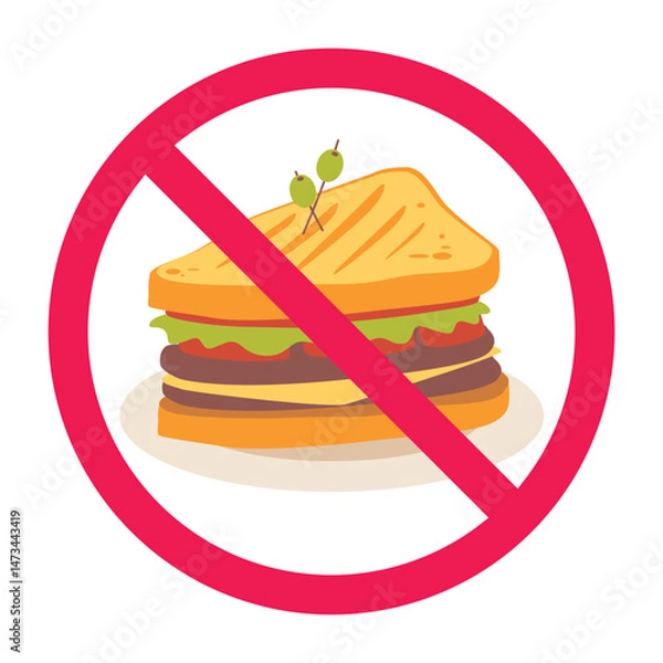 Obraz Forbidden sign with sandwiches icon, no sandwich allowed sign, sandwich prohibition symbol
