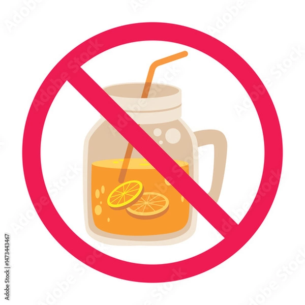 Obraz Forbidden sign with orange juice icon, no orange juice allowed sign, orange juice prohibition symbol