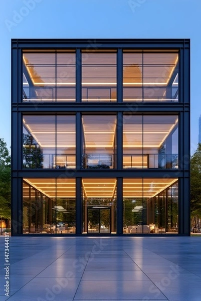Obraz A modern office building with a glass facade and black steel framing.  The building is lit up at night, and the windows reflect the surrounding cityscape