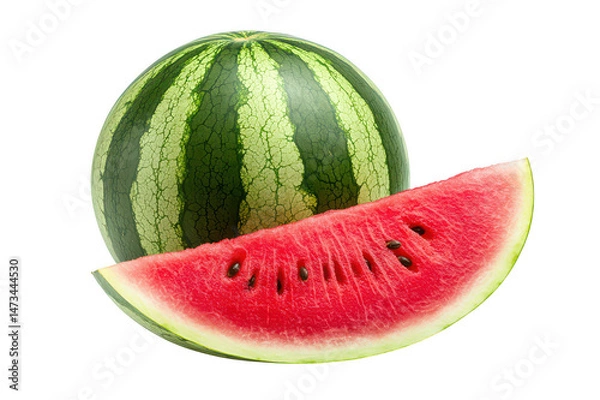 Fototapeta A whole watermelon with a slice on transparent background png