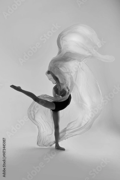 Obraz A girl in a swimsuit and a dress shows beautiful athletic elements on a white background. Ballet, rhythmic gymnastics, fabric, aesthetics, grace