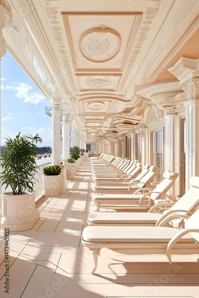 Fototapeta A sun-drenched balcony with white lounge chairs, potted plants, and a view of the ocean