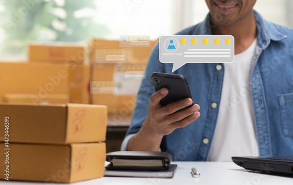 Fototapeta Customer review  on smartphone application with five star icon and comment feedback satisfaction service and man smiling in workplace,small business success concept