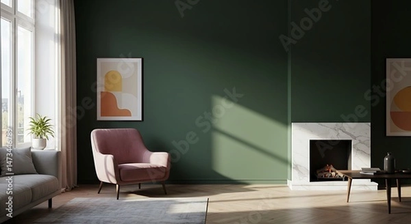 Fototapeta Serene Sunlight: Dusty Rose Armchair in a Deep Green Living Room