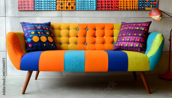 Fototapeta Colorful striped sofa with patterned cushions, mid-century modern style, sits against a wall with colorful artwork
