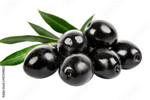 Fototapeta A pile of shiny dark olives with green leaves against a dark setting view on transparent background png