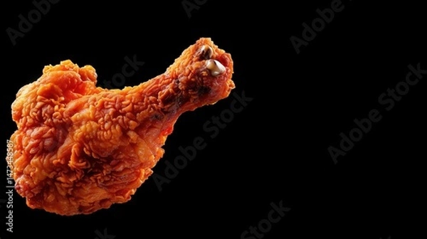 Obraz Floating Fried Chicken Leg on Black Background with Copy Space