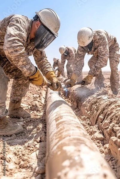 Obraz Soldiers in camouflage uniforms work on a large pipe in a desert setting