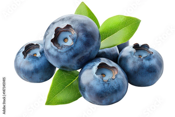 Fototapeta A close up of several blueberries with green leaves on a dark backdrop on transparent background png
