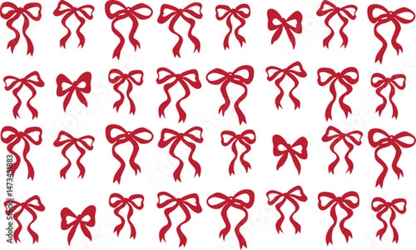 Fototapeta Bow ribbon pattern seamless. Vector print with white and red Christmas background. Cute crayon bows. Simple charcoal small trendy ribbon for Birthday, Christmas, Halloween. Basic doodle knot pattern