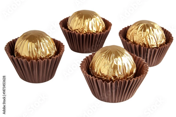 Fototapeta Four golden wrapped chocolates in brown paper cups on a dark backdrop on transparent background png