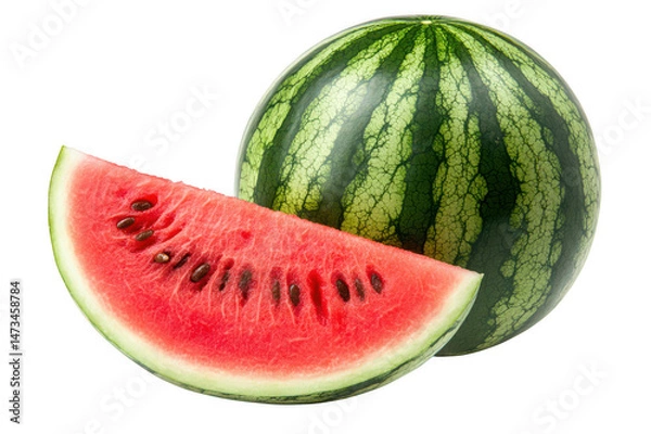 Fototapeta A whole watermelon and a slice showing the red flesh with dark seeds inside on transparent background png