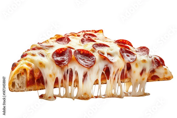 Fototapeta Close up view of pizza slice with pepperoni and dripping melted cheese food on transparent background png