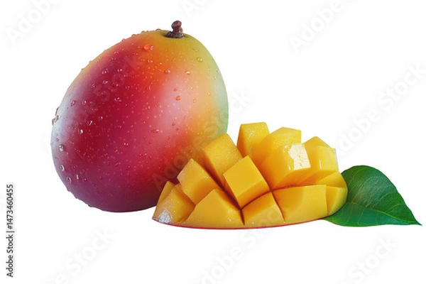 Fototapeta Close view of a whole mango with droplets and sliced mango with a leaf near on transparent background png