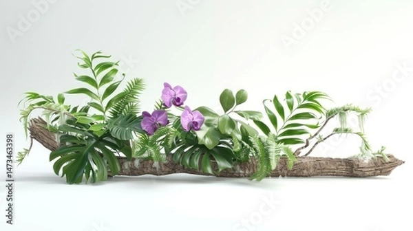 Fototapeta Rustic wooden log serves as a base for a vibrant arrangement of tropical plants and purple orchids.