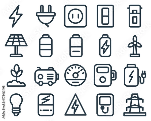 Fototapeta Set of 20 Line Icons Related to Electricity and Renewable Energy Sources
