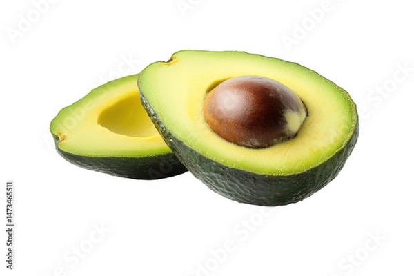 Fototapeta A halved avocado with a pit resting on a plain dark colored surface area on transparent background png