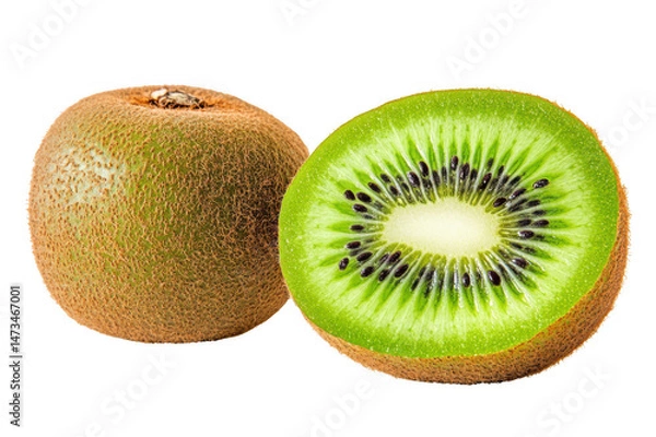 Fototapeta Close up of whole kiwi and half kiwi fruit with seeds on a dark background on transparent background png