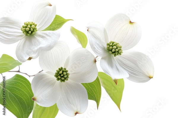 Fototapeta Close up of dogwood blossoms with leaves against a dark colored setting on transparent background png