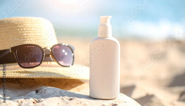 Obraz Beach essentials: Sunscreen, sunglasses, and hat for a sunny day at the coast.