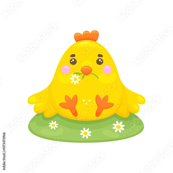 Fototapeta Hand drawn Easter chick. Sits in a meadow with daisies. Paska, icon or print. Vector stock image isolated on white background. Decorative design element for Easter.