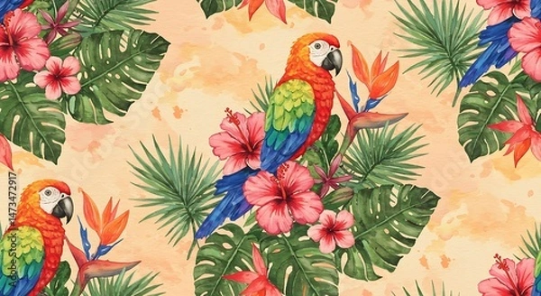 Obraz Vibrant Watercolor Macaw & Tropical Blooms: A Lush Seamless Pattern