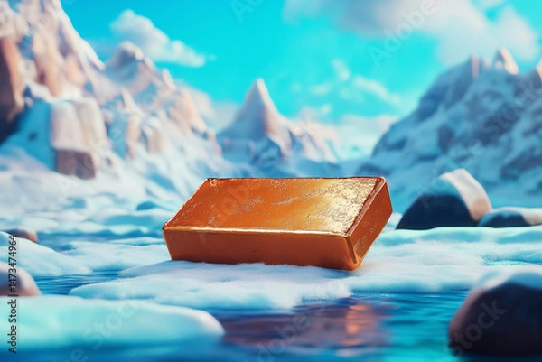 Obraz Golden bar on icy landscape amidst towering snowcapped mountains.