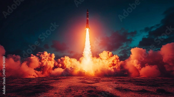 Fototapeta Hypersonic missile in high-speed flight, captured with dynamic motion blur. Symbolizes advanced military technology, speed, power, and precision in a sleek, futuristic defense visualization.


