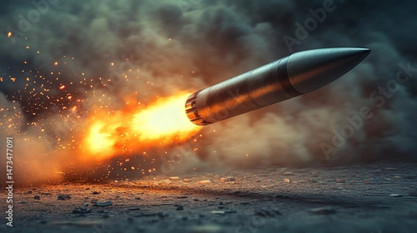 Fototapeta Hypersonic missile in high-speed flight, captured with dynamic motion blur. Symbolizes advanced military technology, speed, power, and precision in a sleek, futuristic defense visualization.

