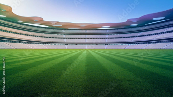 Fototapeta Empty grass floor in large stadium. 3d rendering of outdoor space and future architecture with blue sky background.