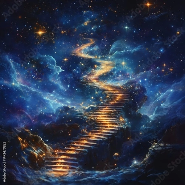 Fototapeta Ethereal Staircase to the Stars: A Dreamlike Cosmic Journey through a Vibrant Celestial World