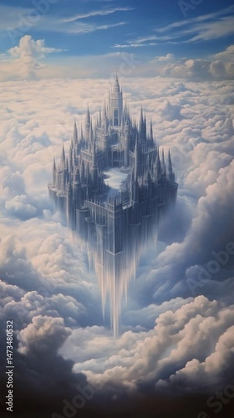 Fototapeta Ethereal Castle Floating in the Sky: Surreal Fantasy Architecture Amidst Clouds