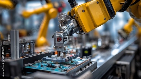 Fototapeta Automated electronic board assembly with robotic arm in a modern factory