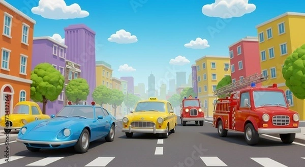 Fototapeta Cartoon Car Parade on City Street