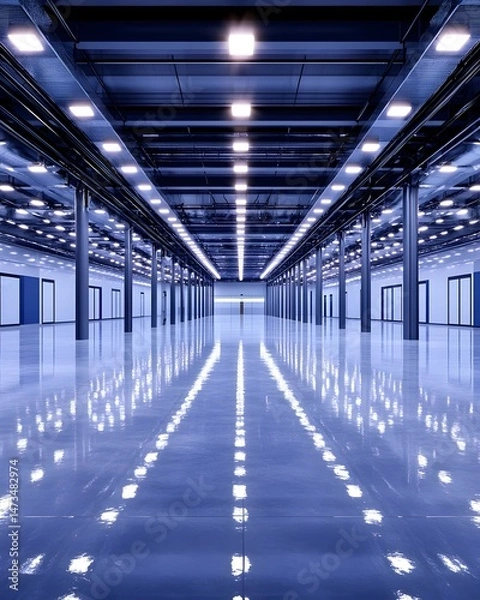 Fototapeta A large, empty industrial space with a polished concrete floor and bright overhead lights