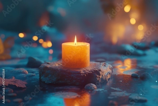 Fototapeta A glowing candle sits on a stone in a serene and mystical water landscape with bokeh lights behind