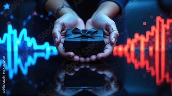 Fototapeta Elegant hands cradling a gift futuristic setting glossy black surface