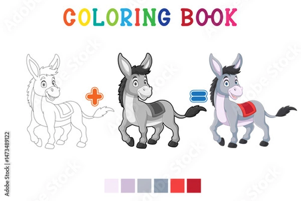Obraz Cartoon little donkey  on white background in coloring book style
