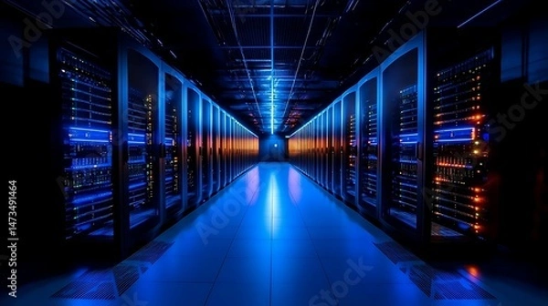 Fototapeta A brightly lit modern data center corridor with rows of server racks and blue ambient lighting