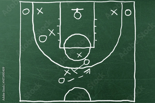 Fototapeta Chalk drawing of a basketball play diagram