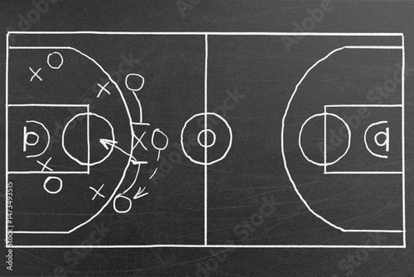 Fototapeta Basketball court diagram is drawn in chalk on a blackboard