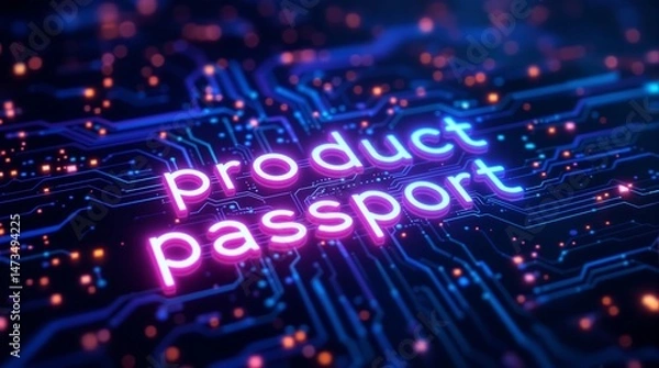 Fototapeta The phrase "product passport" glows in neon colors on a futuristic digital circuit board background.
